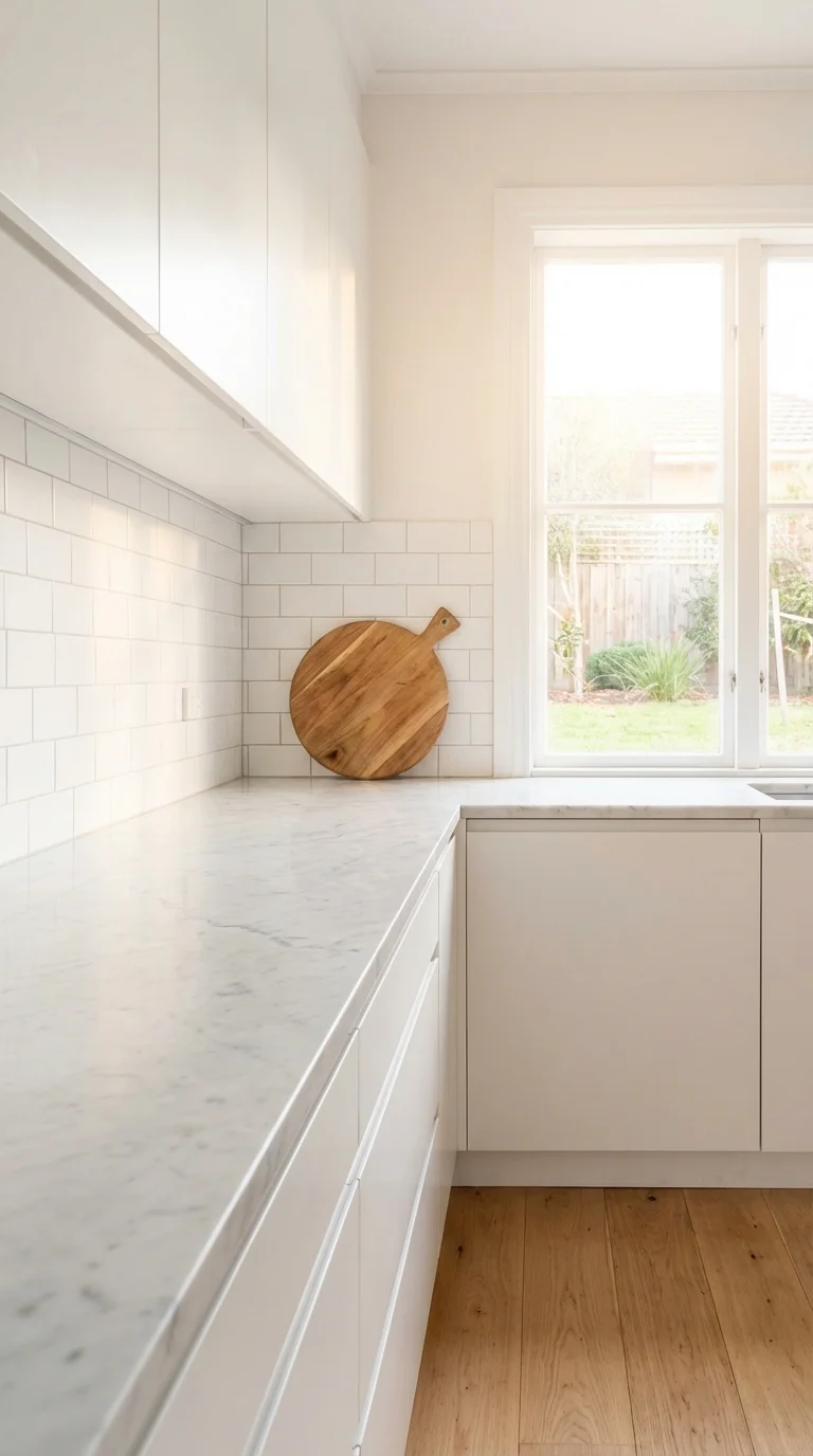 Kitchen counter decor after a declutter, with only a tray, a small plant and one cutting board left on the surface