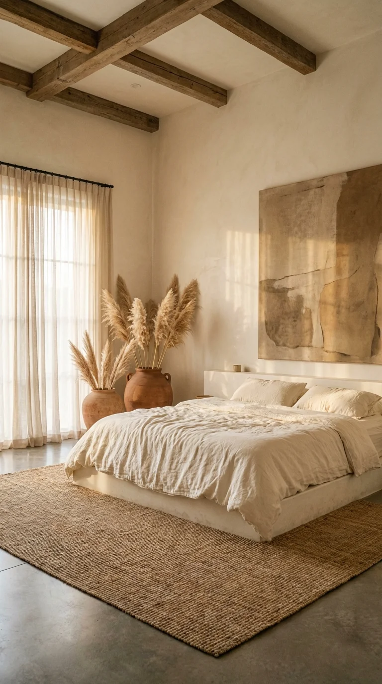 Luxury master bedroom ideas: organic minimalist bedroom with linen bedding, a jute rug, wood ceiling beams and dried pampas grass in clay vases