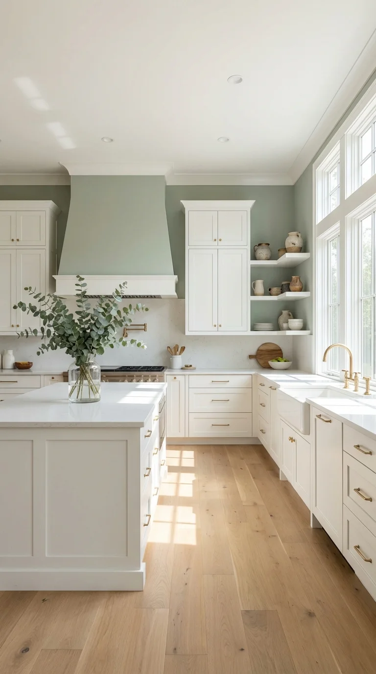 White kitchen with green wall ideas: sage green walls and range hood with white shaker cabinets and brass hardware