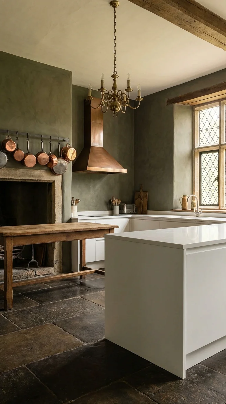 Dusty green lime-wash kitchen walls with a copper range hood, stone fireplace and white island