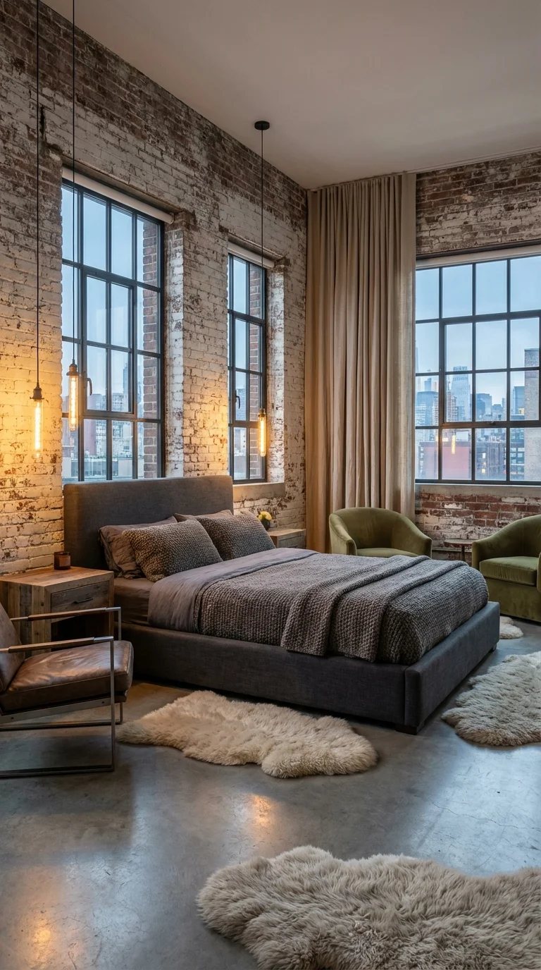 Soft industrial loft bedroom with exposed brick, steel-framed windows, a gray upholstered bed and sheepskin rugs on concrete