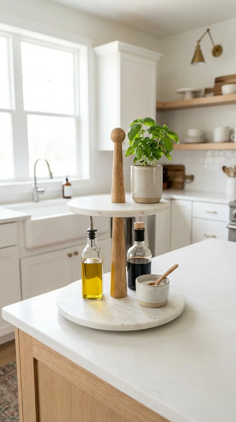 Two-tier stand on a kitchen counter with oils on the bottom tier and one plant on top