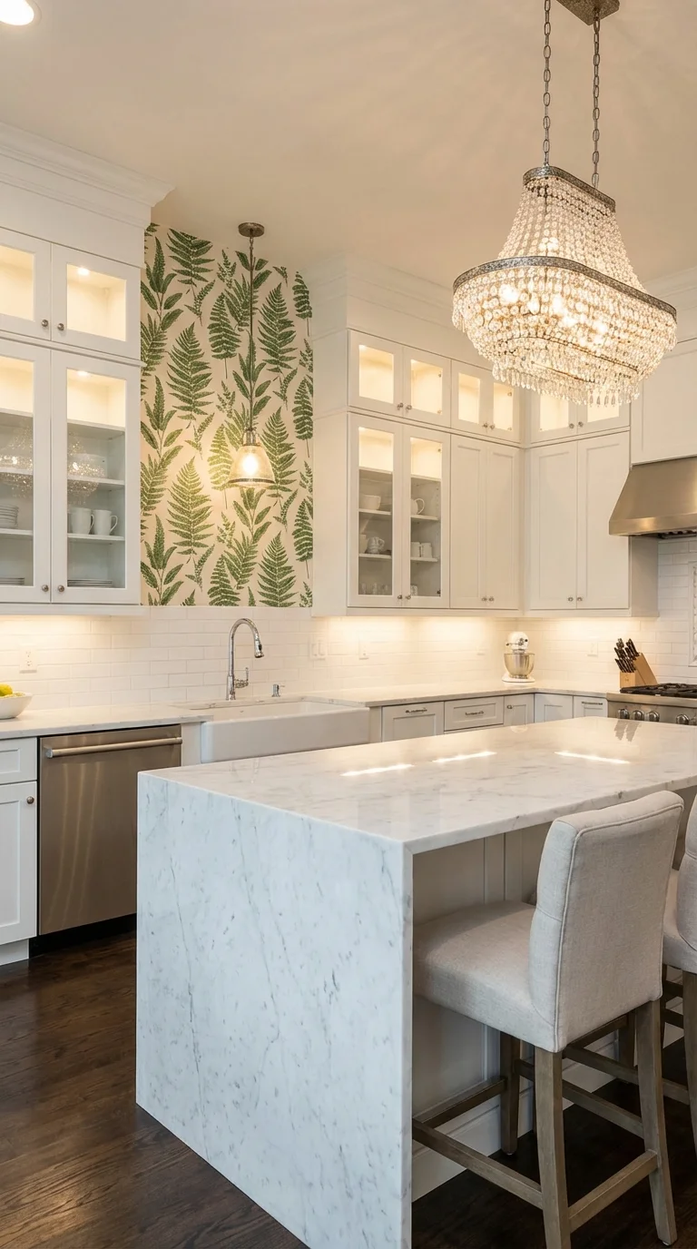 Green fern botanical wallpaper between white glass-front cabinets with a crystal chandelier and marble island