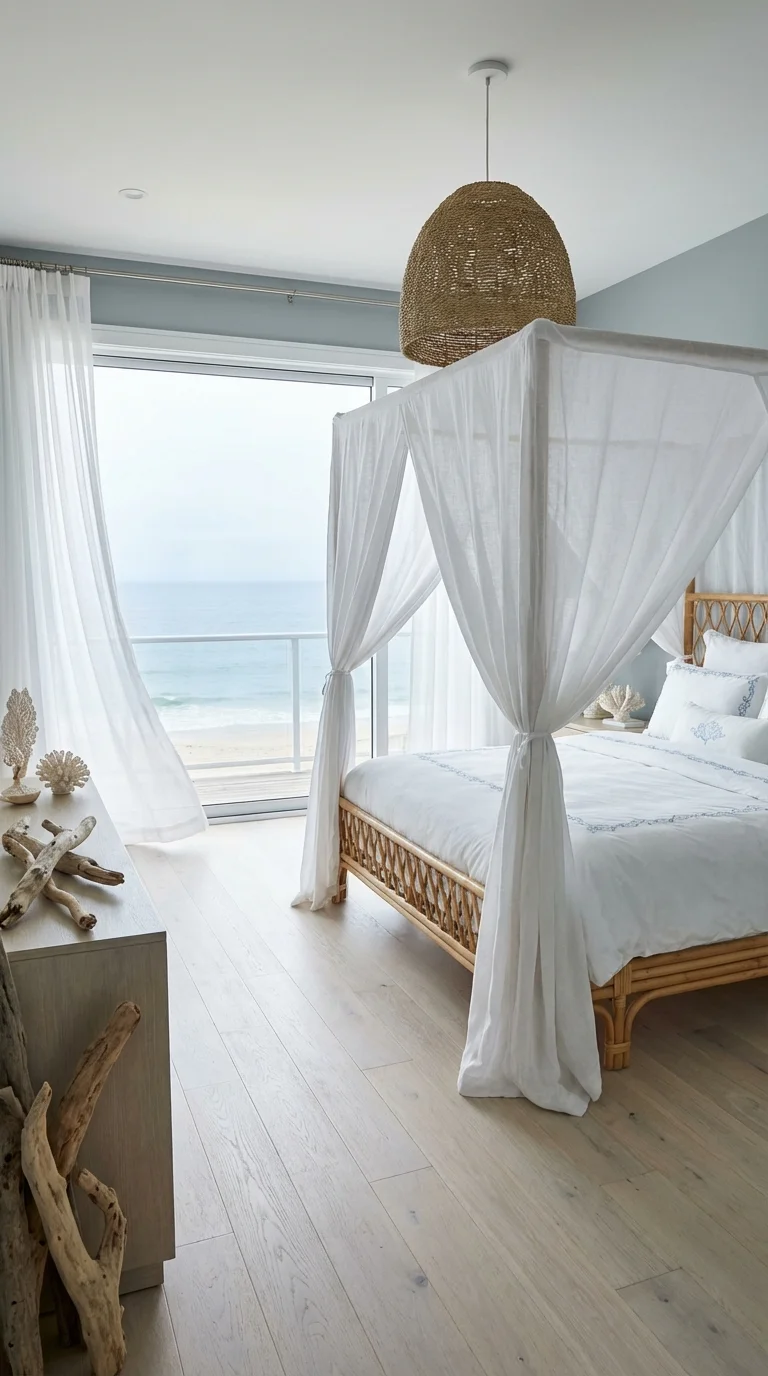 Coastal luxury bedroom with a white canopy bed, rattan frame, woven pendant light and an ocean view