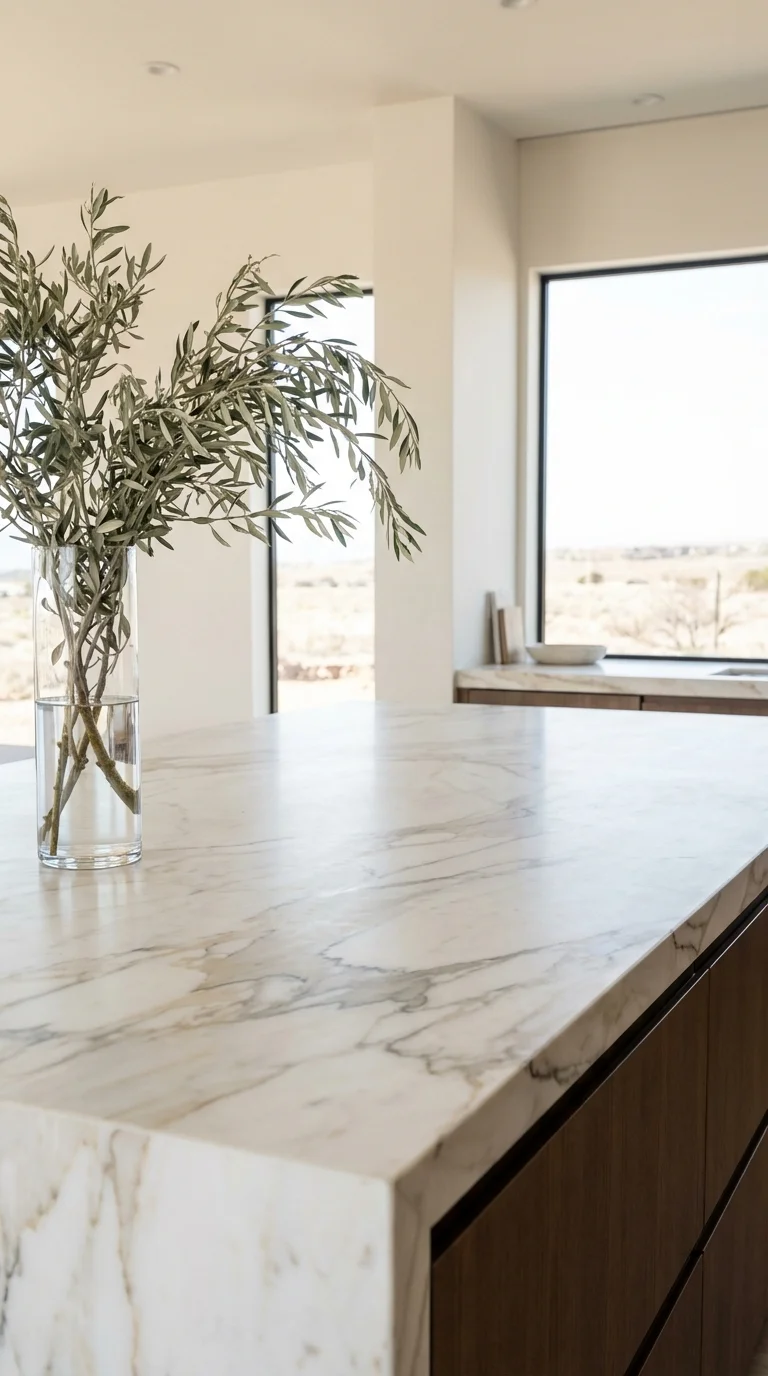 Mostly empty kitchen counter with a few items grouped at one end