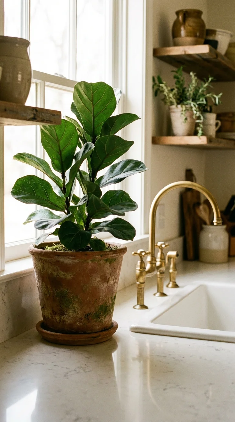 Large fiddle-leaf fig in a ceramic pot beside a wooden tray on a kitchen counter