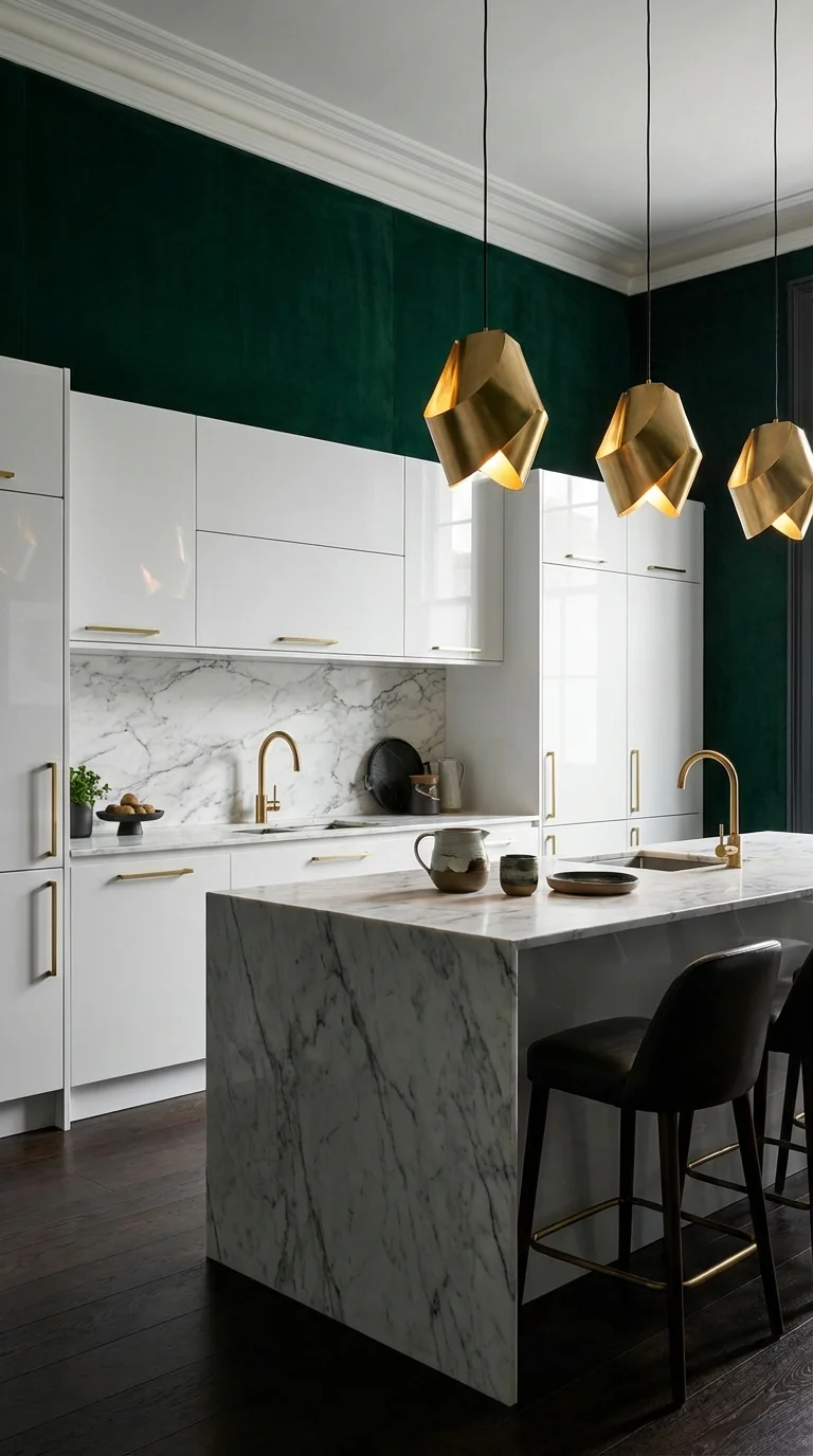 Deep emerald green wall in a white gloss kitchen with a marble waterfall island and gold geometric pendants