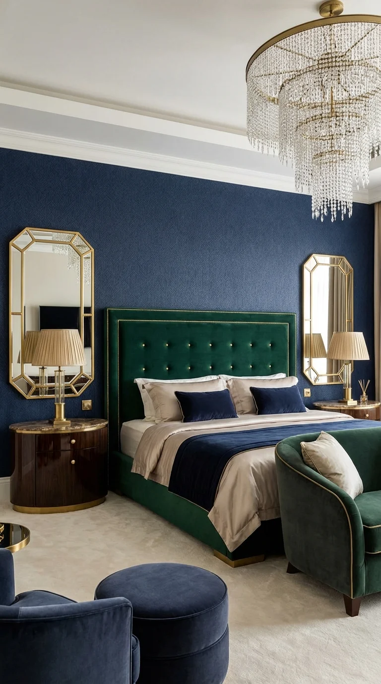 Modern Art Deco master bedroom with a navy wall, emerald velvet tufted headboard, gold octagonal mirrors and a crystal chandelier