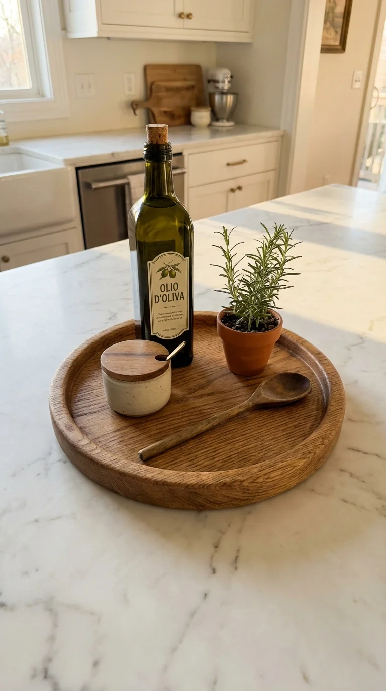 Wooden tray on a kitchen counter holding oil, salt and pepper, a candle and a small plant