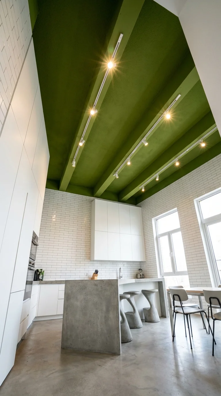 White kitchen with an olive green painted ceiling, track lighting and a concrete island