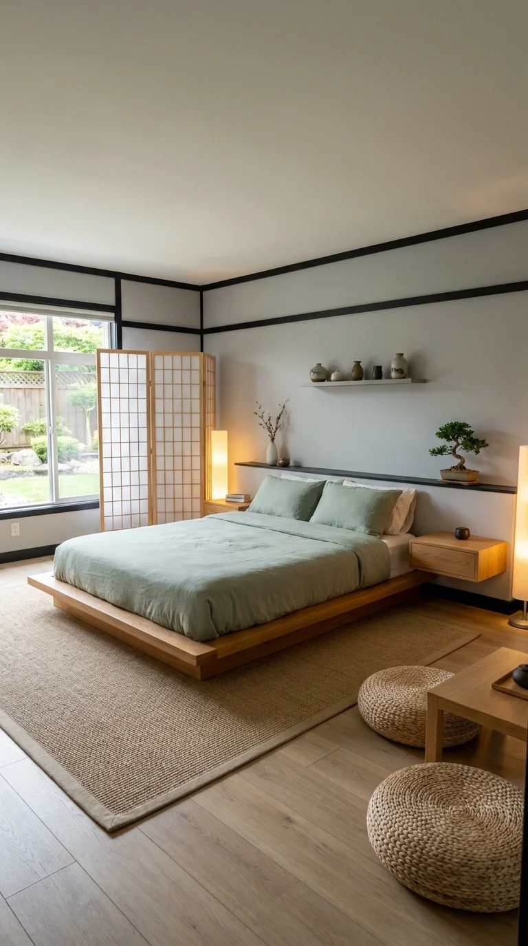 Japandi master bedroom with a low wood platform bed, sage bedding, a shoji screen and woven floor poufs