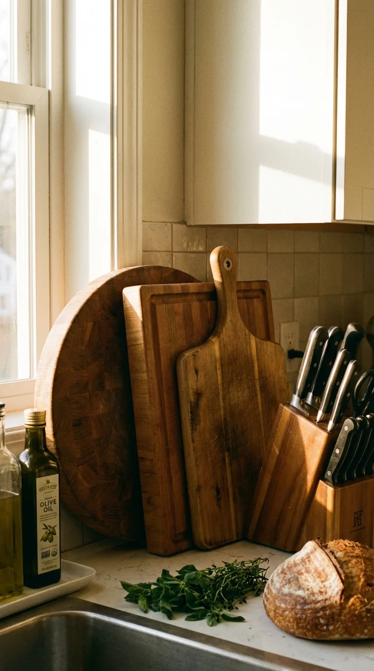 Walnut and cherry cutting boards leaning against a kitchen backsplash with one oversized hero board