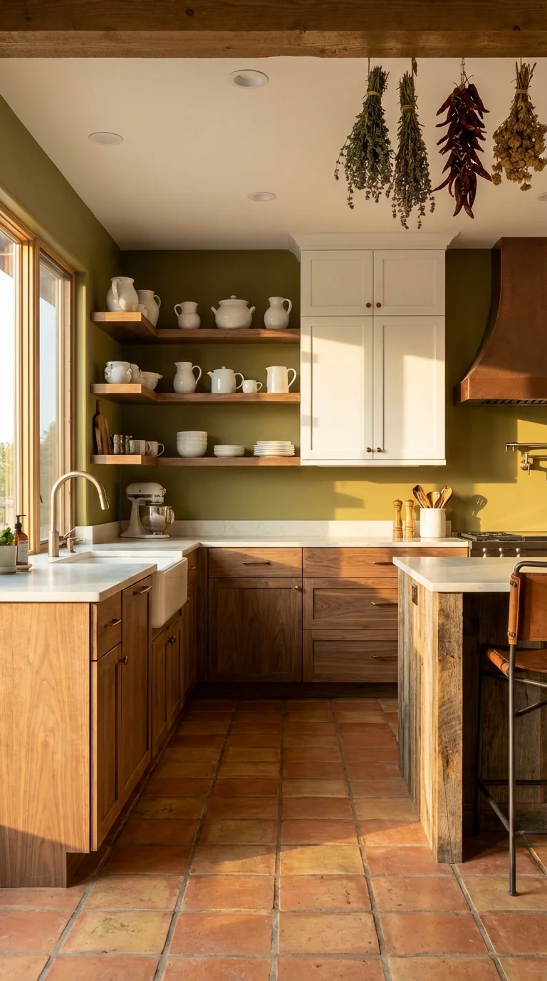 Olive green kitchen wall with white upper cabinets, wood lower cabinets, open wood shelves and a terracotta tile floor