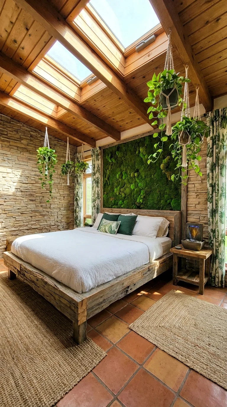 Biophilic master bedroom with a moss wall behind the bed, hanging plants, skylights and a reclaimed wood bed frame