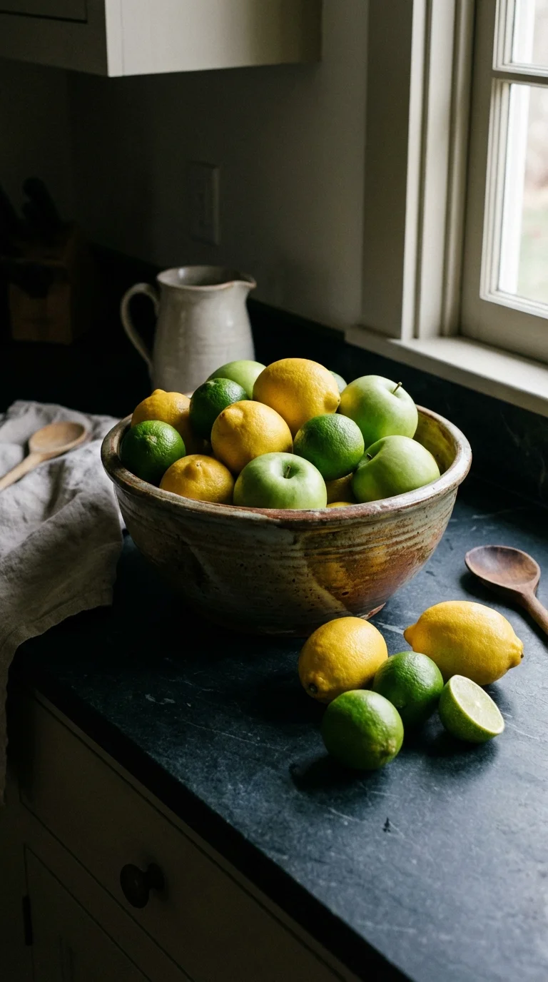 Footed bowl of citrus on a kitchen counter