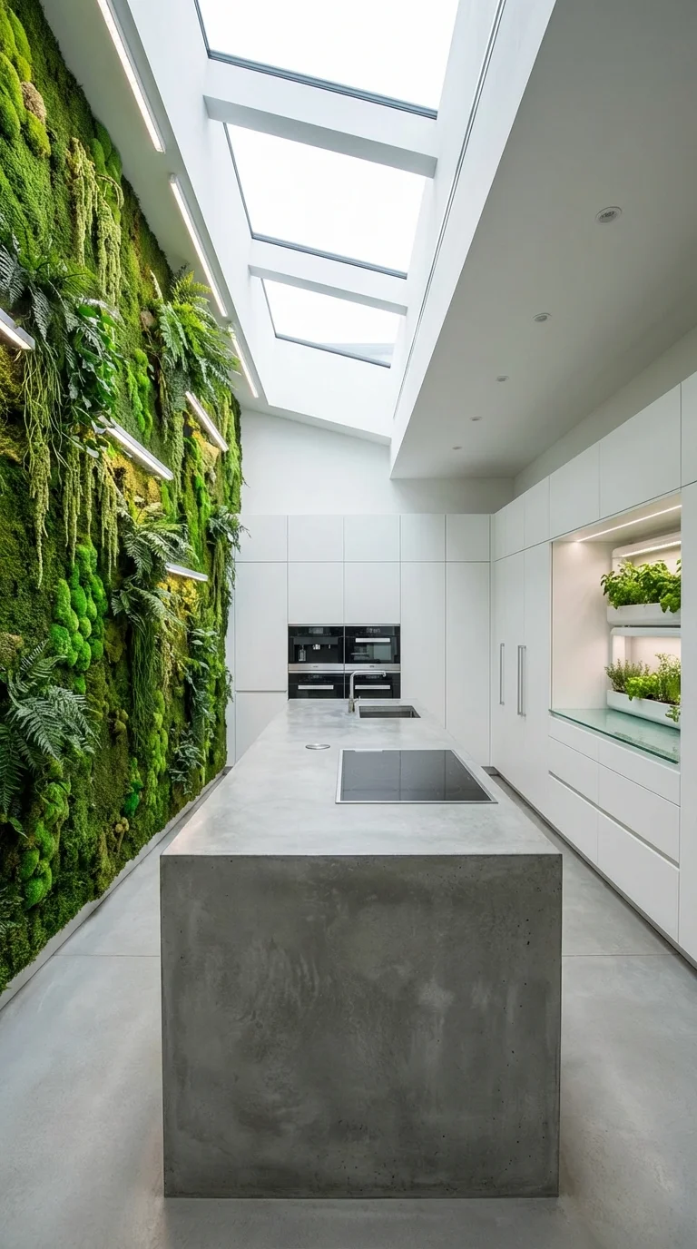 Living moss wall beside white minimalist cabinets and a concrete island under skylights