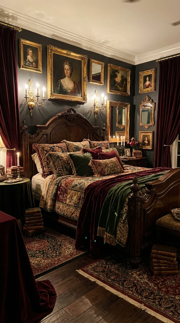 Moody maximalist bedroom with dark walls, gilded framed portraits, a carved wood bed and layered red and green patterned bedding