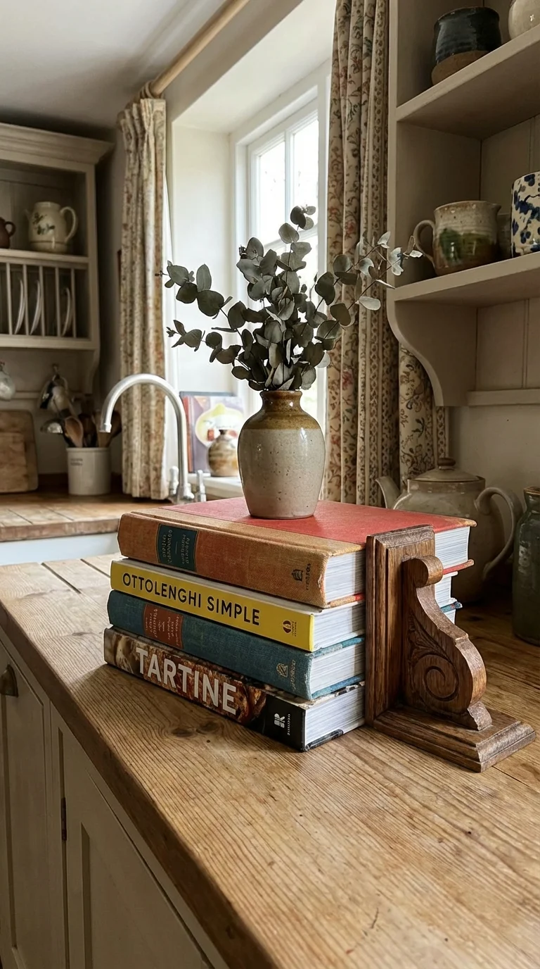 Stack of four cookbooks topped with a small plant at the end of a kitchen island