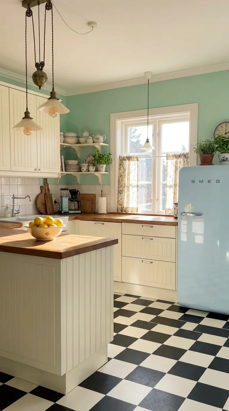 Mint green kitchen walls with cream cabinets, a butcher-block island, a pale blue retro fridge and a checkerboard floor