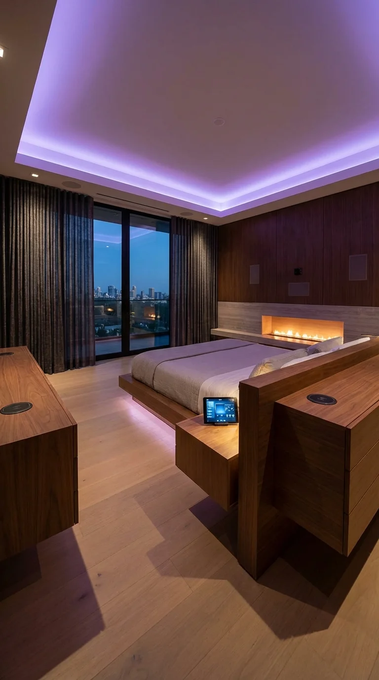 Tech-integrated master bedroom with LED cove lighting, a built-in fireplace, a wood headboard wall and a bedside tablet