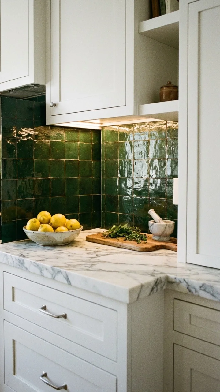 Dark forest green zellige tile backsplash behind white shaker cabinets and marble counters