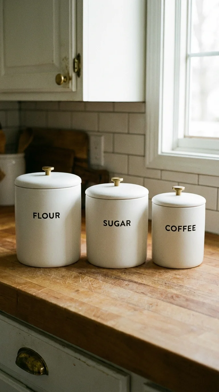 Three matching oversized ceramic canisters lined up on a kitchen counter