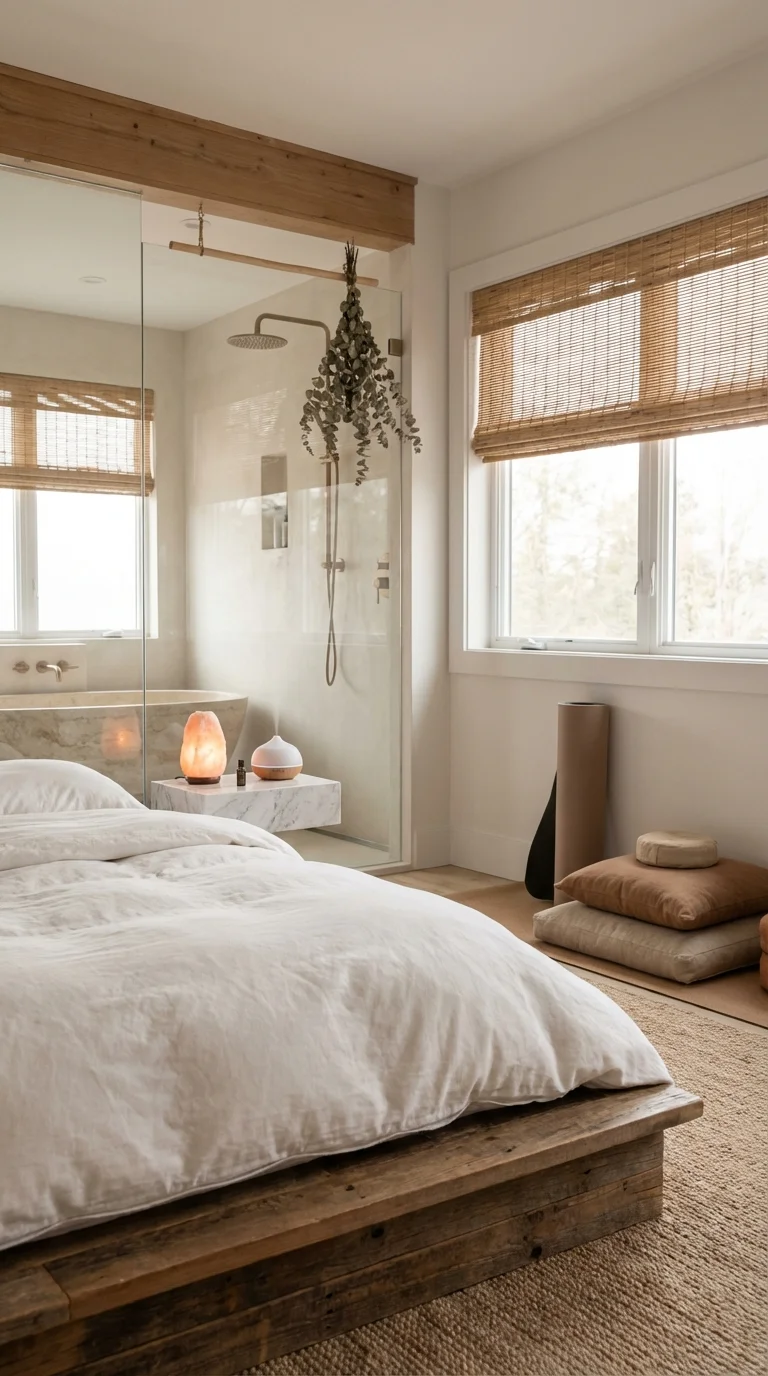 Spa-inspired bedroom with white bedding on a reclaimed wood bed, bamboo blinds, a glass-walled shower and floor cushions