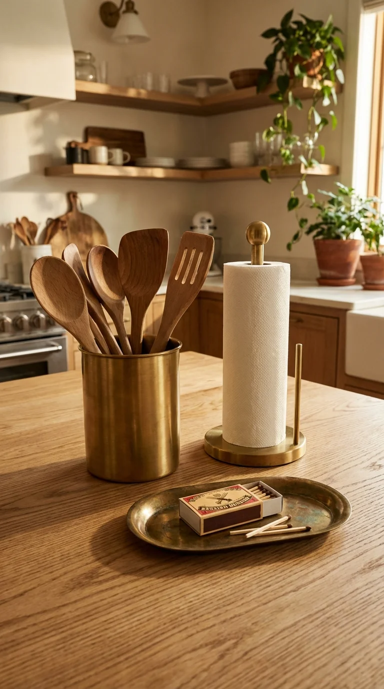 Brass soap dispenser, utensil crock and tray in one matching metal finish on a kitchen counter