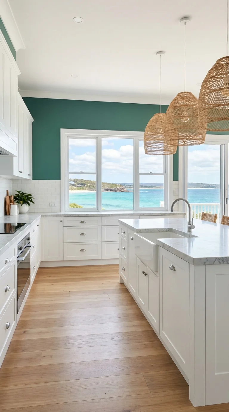 Teal green kitchen wall with white cabinets, rattan pendant lights and an ocean view