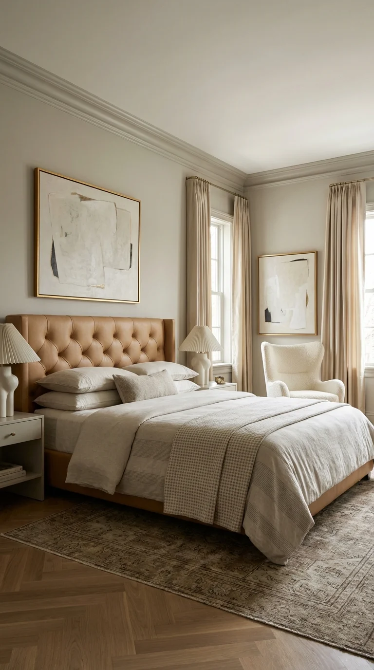 Warm contemporary bedroom with a tufted camel headboard, cream bedding, a vintage-style rug and abstract art