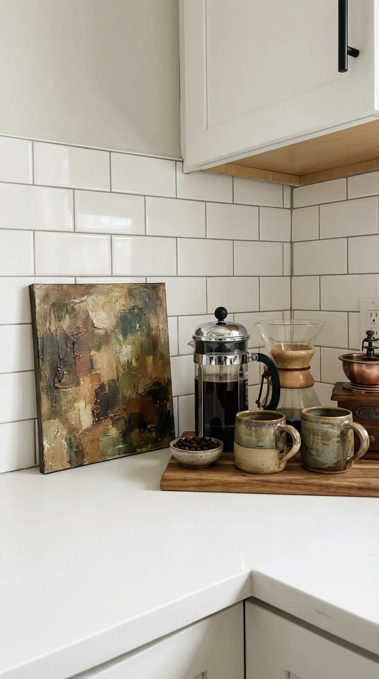 Small framed painting leaning against a kitchen backsplash