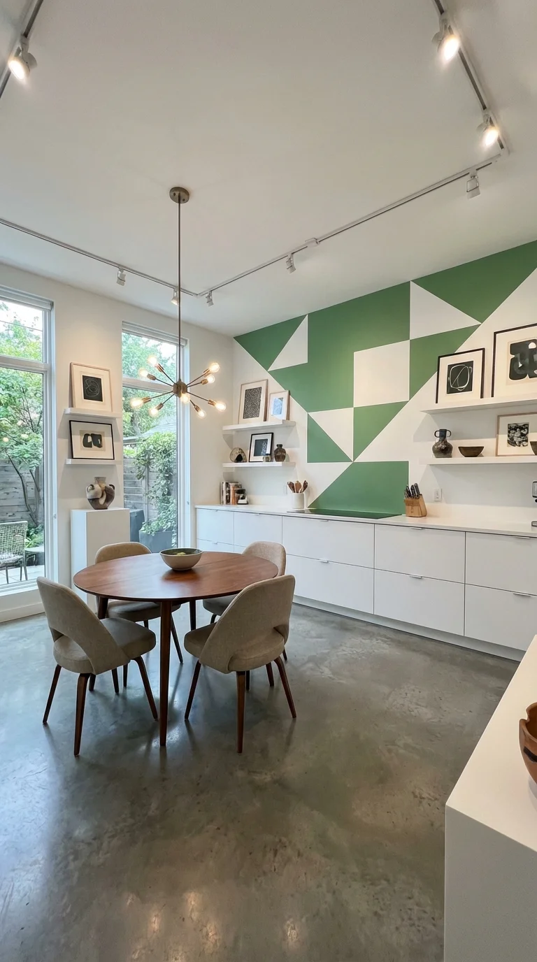 Geometric green and white two-tone wall in a white kitchen with a round wood dining table