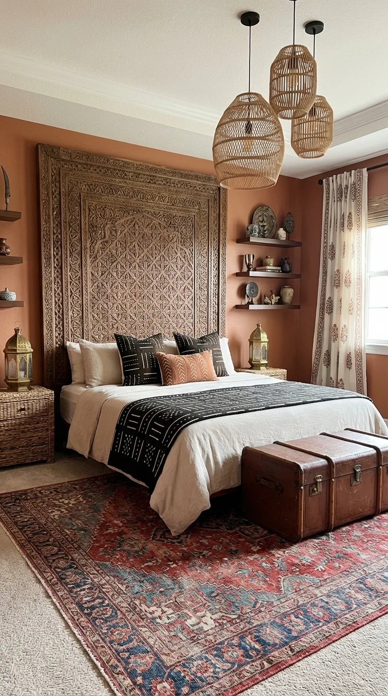 Global bohemian bedroom with terracotta walls, a carved headboard panel, rattan pendants, a Persian-style rug and a leather trunk