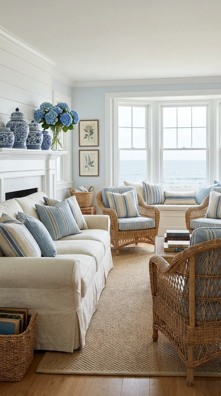 Coastal grandmother living room with a slipcovered sofa, wicker accents and blue-and-white ceramics