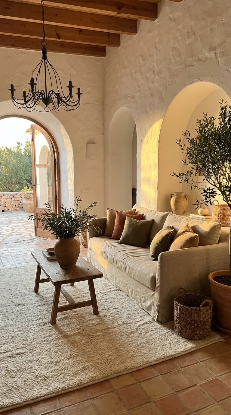 Mediterranean-style living room with plaster walls, terracotta tones and olive branches