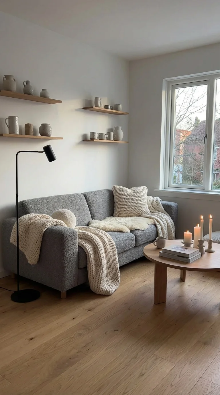 Scandinavian living room with a bouclé sofa, chunky knit throws, sheepskin rug and candles