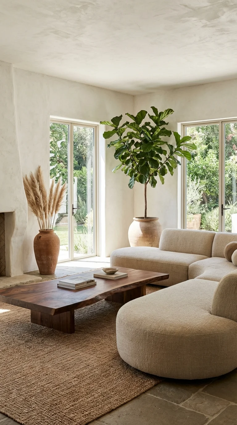 Earthy modern organic living room with raw wood, linen, jute and a large plant