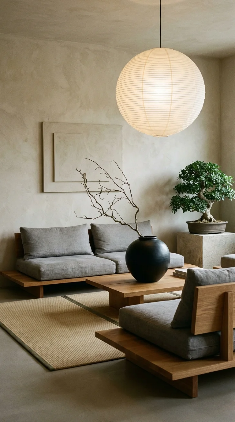 Japandi living room with clean-lined wood furniture and handmade ceramics in earth tones