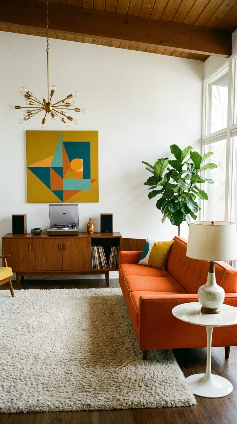Mid-century modern living room with tapered-leg furniture and a Sputnik chandelier