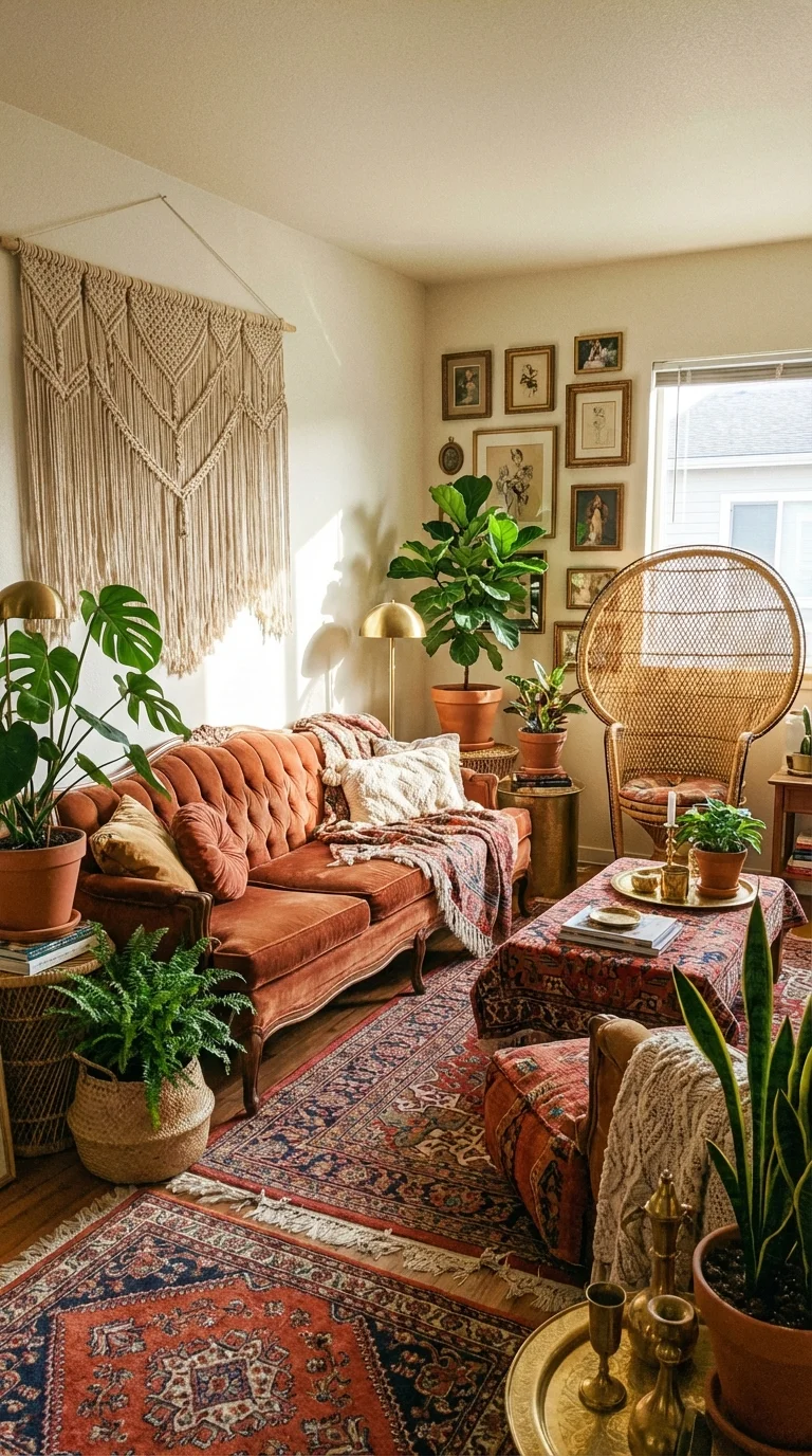 Modern bohemian living room with a Persian rug, poufs, plants and a woven wall hanging