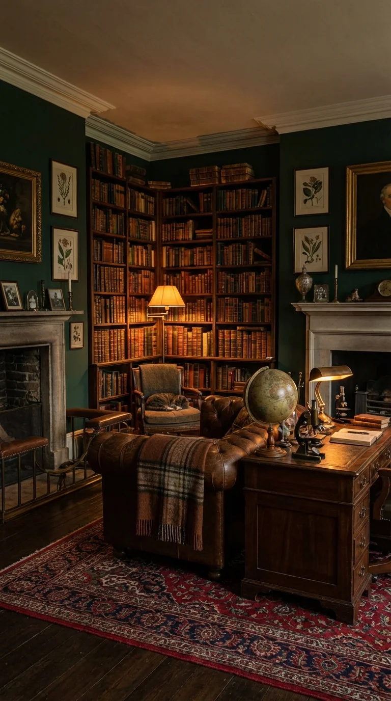 Dark academia living room with deep green walls, leather sofa and book-filled shelves