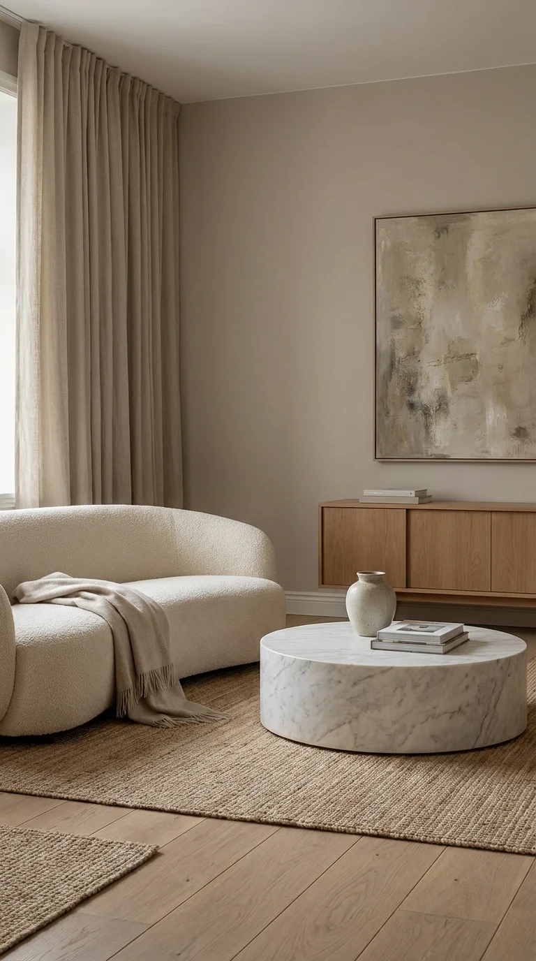 Quiet luxury living room in cream and warm white with a single sculptural vase