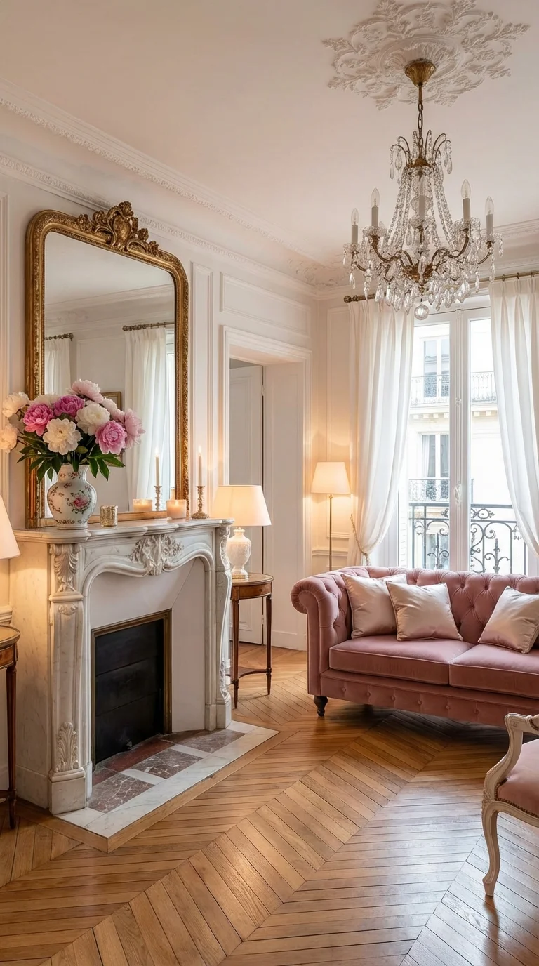 Romantic Parisian living room with an ornate mirror, small chandelier and dusty pink accents