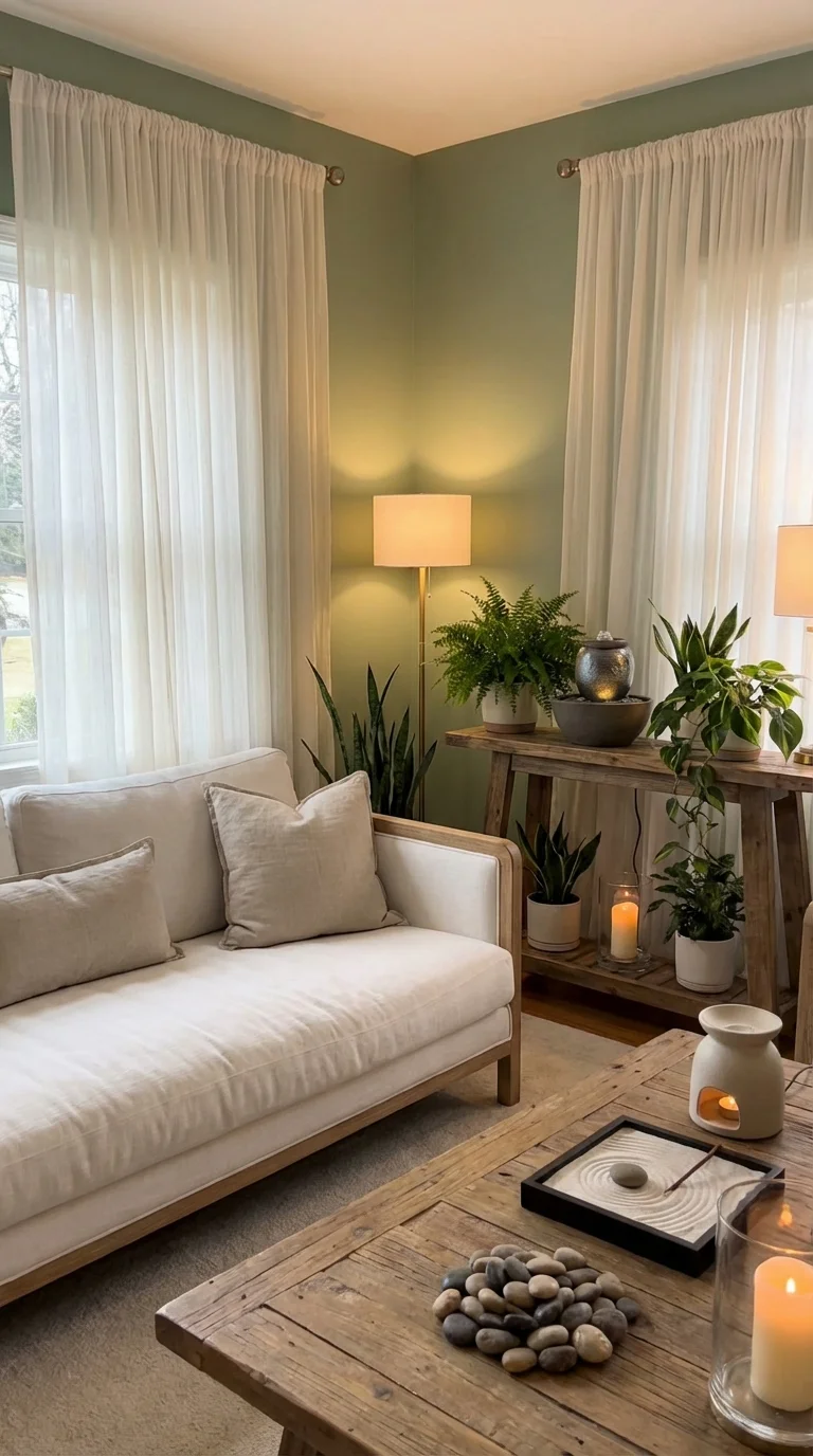 Spa-inspired living room in sage and warm white with linen, plants and candles