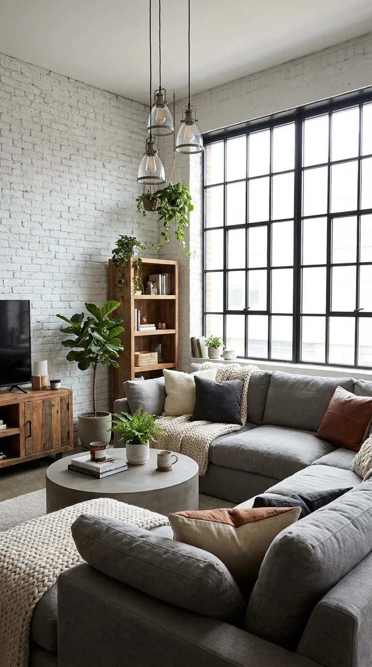 Soft industrial living room with exposed brick, a plush sofa and warm wood