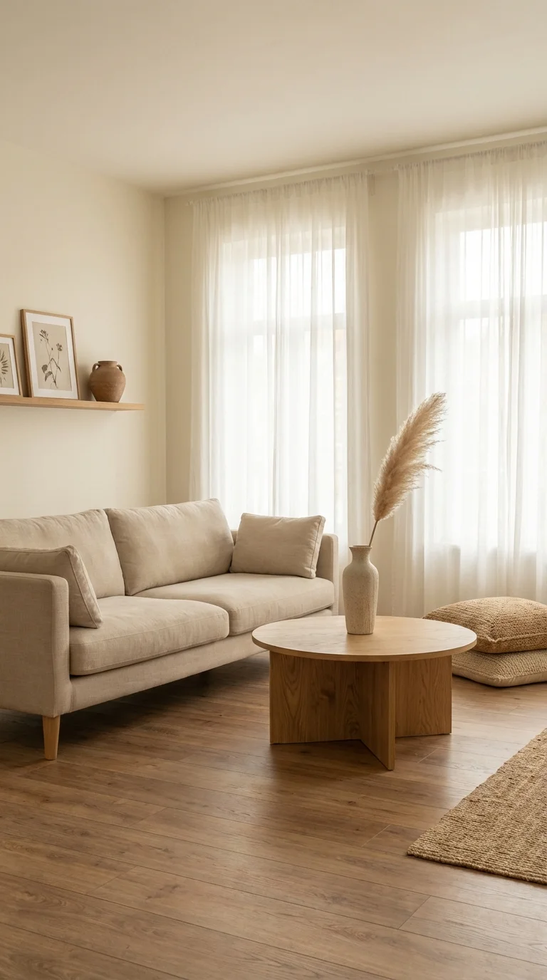 Aesthetic living room ideas: soft minimalist living room with a cream sofa, wooden coffee table and floor lamp