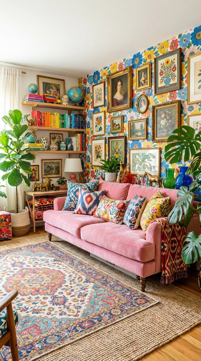 Vibrant maximalist living room with a bold patterned rug and layered art