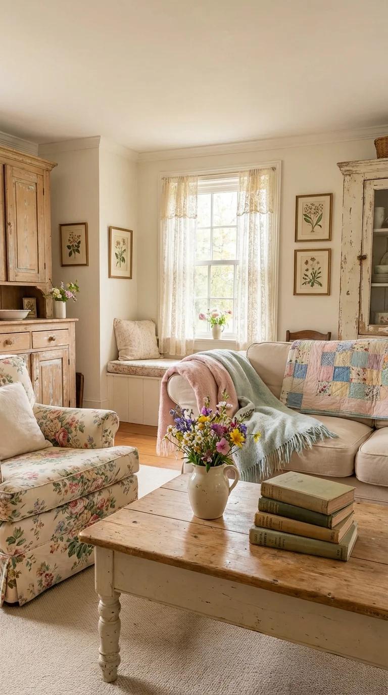 Vintage cottagecore living room with a quilt, embroidered cushions and fresh flowers