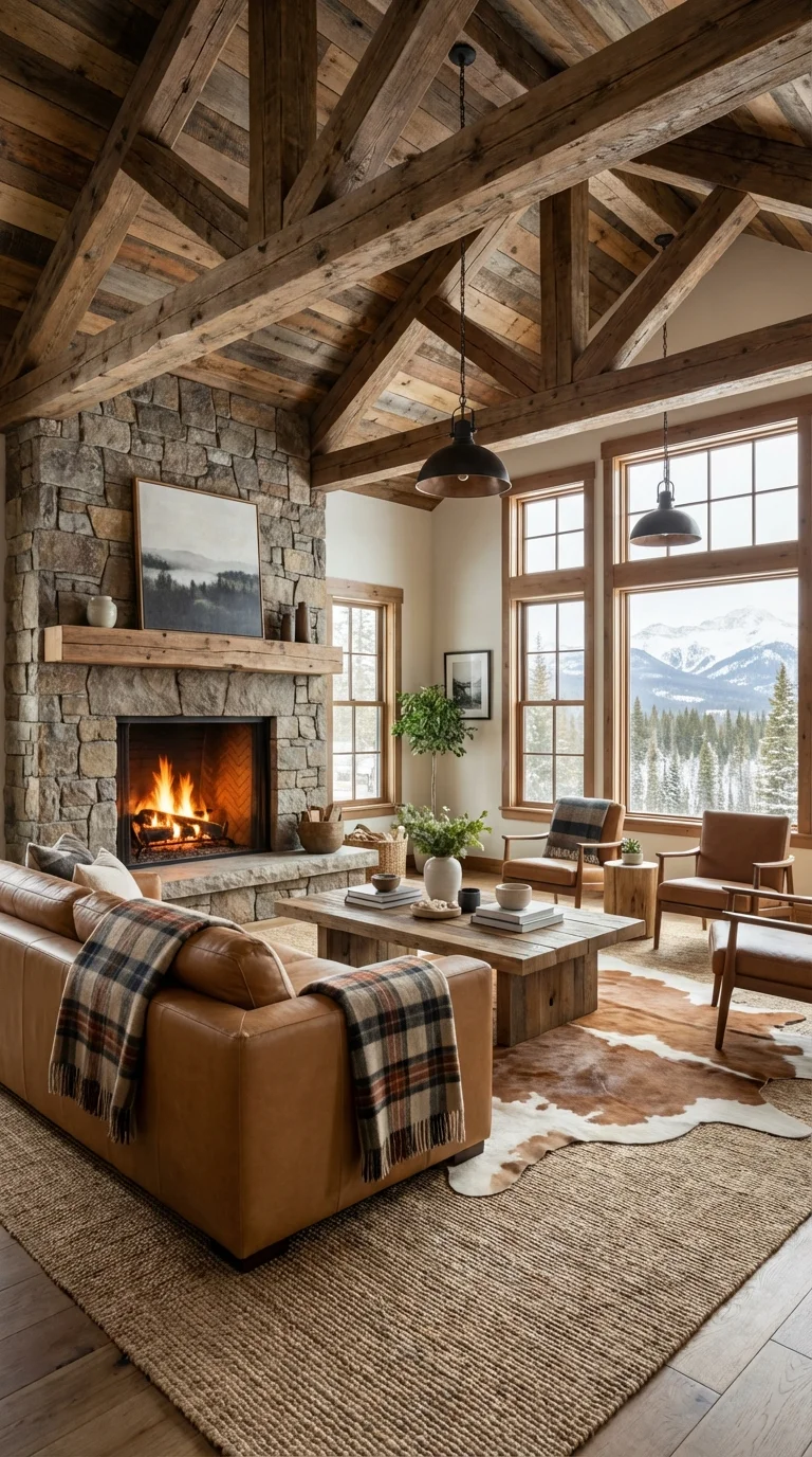 Warm rustic modern living room with a camel leather sofa and a jute rug