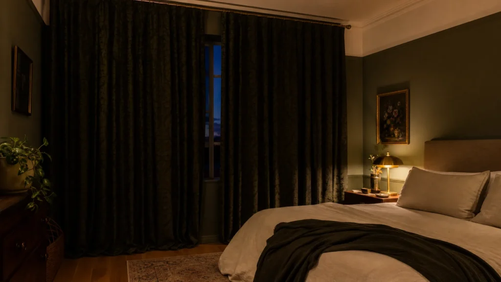 Floor-to-ceiling dark green jacquard curtains hung high beside a bed with cream linen bedding